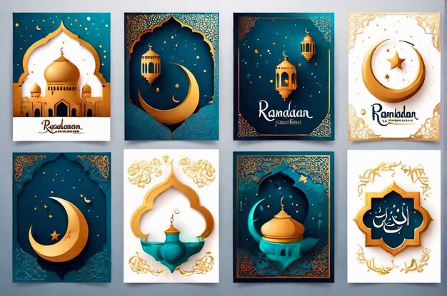 Foto ramadan kareem conjunto de carteles o invitaciones diseño ilustración vectorial