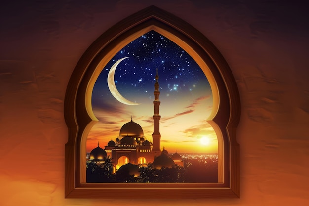 Ramadan Kareem cumprimentando a cidade islâmica com o horizonte da mesquita, crescente, lua e estrelas, vista do vento