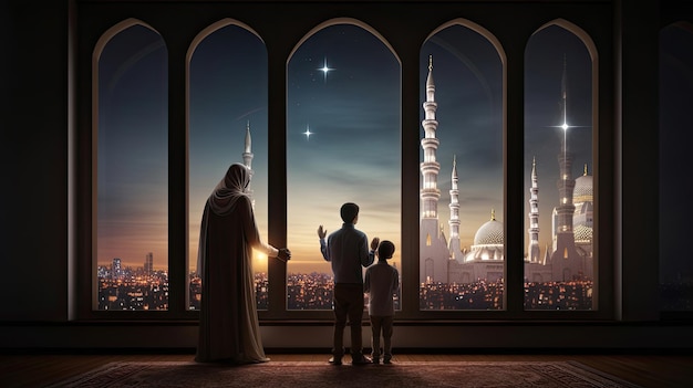 Ramadan Kareem cumprimentando Família na janela olhando para a cidade islâmica com o horizonte da mesquita lua crescente e estrelas Pais e filhos muçulmanos rezam Mãe, pai e filhos comemoram o fim do jejum