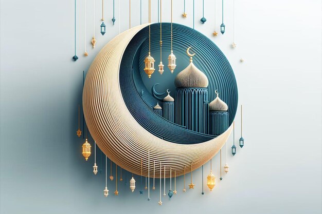 Ramadan Kareem Day com uma forma abstrata 3D meia lua e algumas luzes penduradas lanterna Ramadan