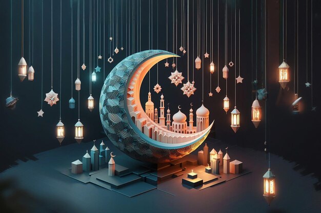 Ramadan Kareem Day com uma forma abstrata 3D meia lua e algumas luzes penduradas lanterna Ramadan