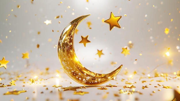 Ramadan Kareem decoração de crescente dourado de lua e estrela em fundo branco com confete