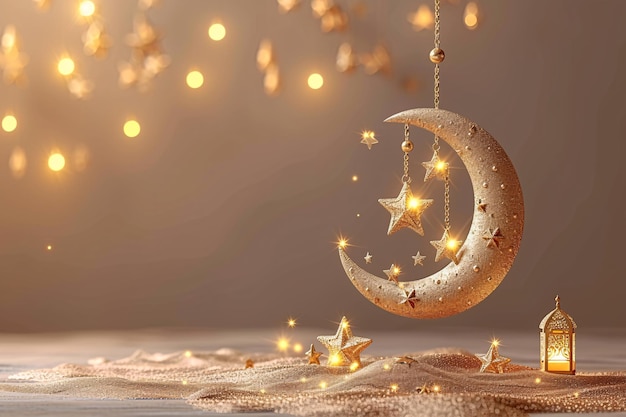 Ramadan Kareem Desenho de cartaz de saudação dourado pastel Cores rosas brilhantes com lua e estrelas