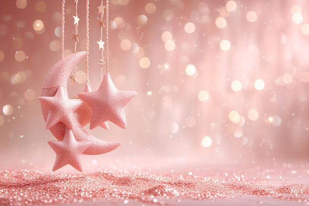 Foto ramadan kareem desenho de cartaz de saudação pastel cores rosa e pêssego brilhante com lua e estrelas