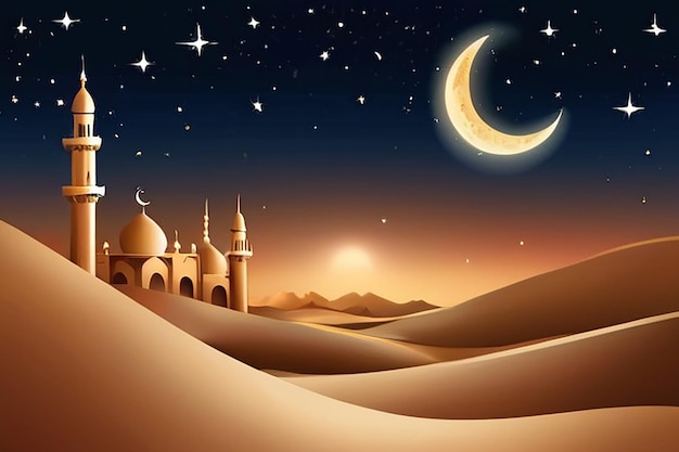 Foto ramadan kareem deserto noite paisagem texto árabe traduzir religião muçulmana mês santo