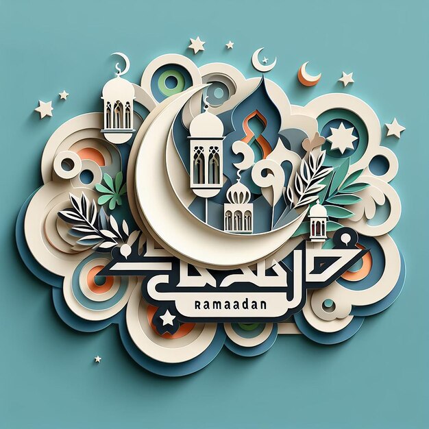 Foto ramadan kareem design em estilo de corte de papel em camadas com formas abstratas