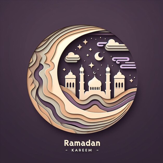 Ramadan Kareem Design em estilo de corte de papel em camadas com formas abstratas