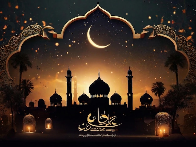 Ramadan Kareem diseño de cartel de saludo de caligrafía árabe con silueta de mezquita en fondo de brillo dorado