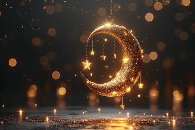 Ramadan Kareem Diseño de cartel de saludo dorado pastel Colores rosados brillantes con luna y estrellas