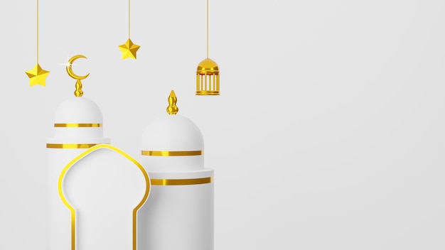 Ramadan Kareem diseño cúpula de mezquita y luna dorada con lámpara de linterna dorada sobre fondo blanco 3d renderizado