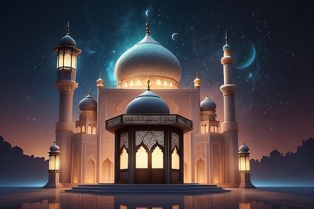Ramadan Kareem diseño islámico luna creciente y silueta de la cúpula de la mezquita con patrón árabe