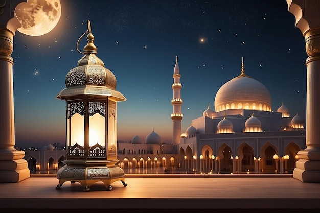 Ramadan Kareem diseño islámico luna creciente y silueta de la cúpula de la mezquita con patrón árabe