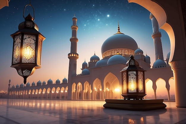 Ramadan Kareem diseño islámico luna creciente y silueta de la cúpula de la mezquita con patrón árabe