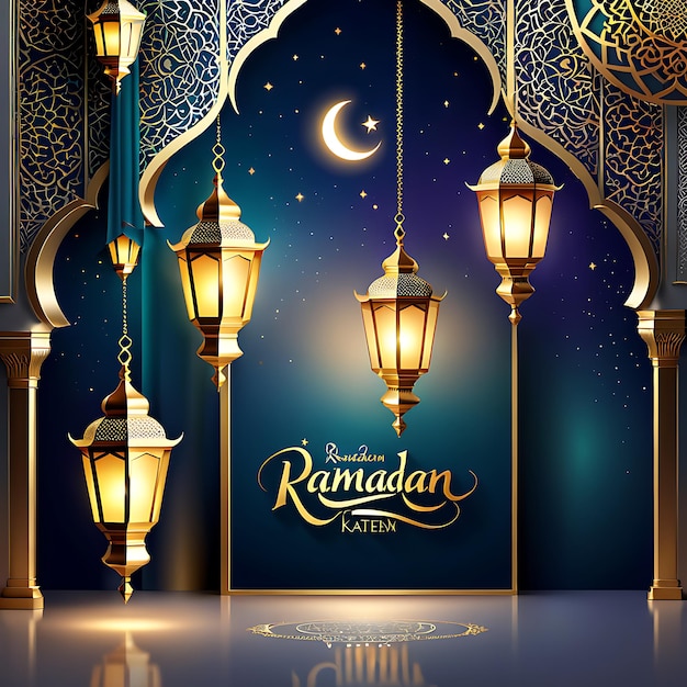 Foto ramadan kareem diseño de saludo islámico con fondo borroso