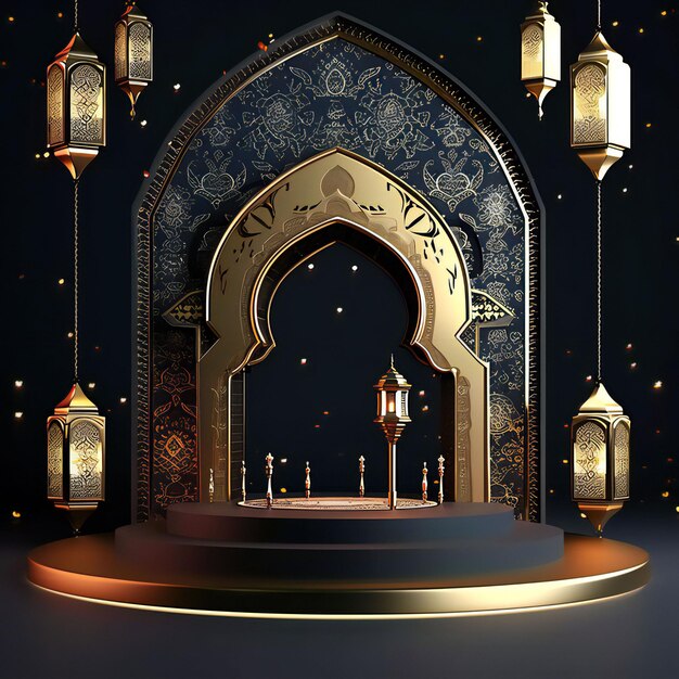 Foto ramadan kareem dunkel 3d-rendering podium mit luxuriösem hintergrund