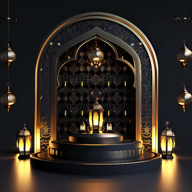 Ramadan Kareem dunkel 3D-Rendering Podium mit luxuriösem Hintergrund