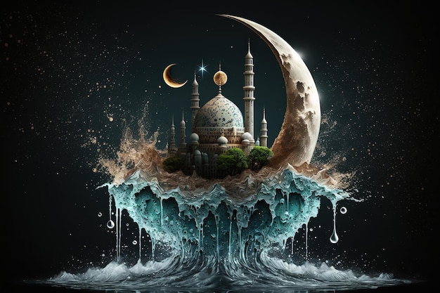 Ramadan Kareem e Eid Mubarak lua e mesquita como arte de respingos de água Celebração ilsâmica árabe Ilustração abstrata generativa ai