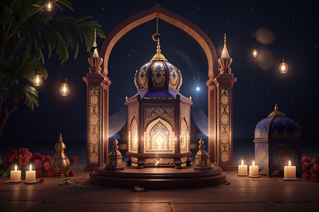 Ramadan Kareem Eid Mubarak königliche elegante Lampe mit heiligem Tor der Moschee mit Feuerwerk