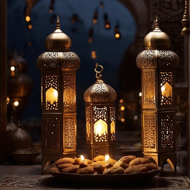 Ramadan Kareem Eid Mubarak königliche elegante Lampe mit Moschee heiliges Tor mit Feuerwerk