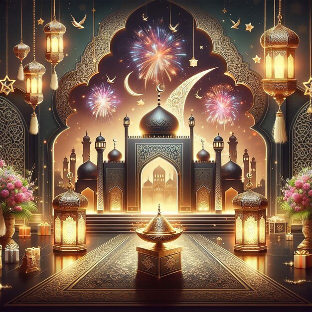 Ramadan Kareem Eid Mubarak königliche elegante Lampe mit Moschee heiliges Tor mit Feuerwerk