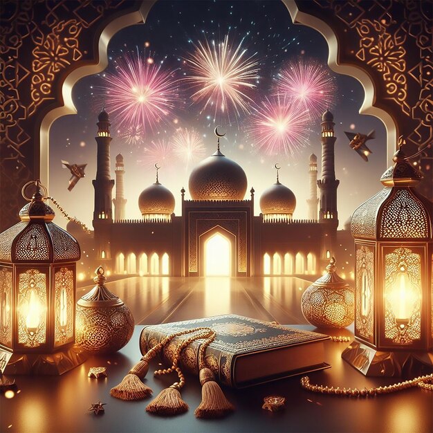 Ramadan Kareem Eid Mubarak königliche elegante Lampe mit Moschee heiliges Tor mit Feuerwerk