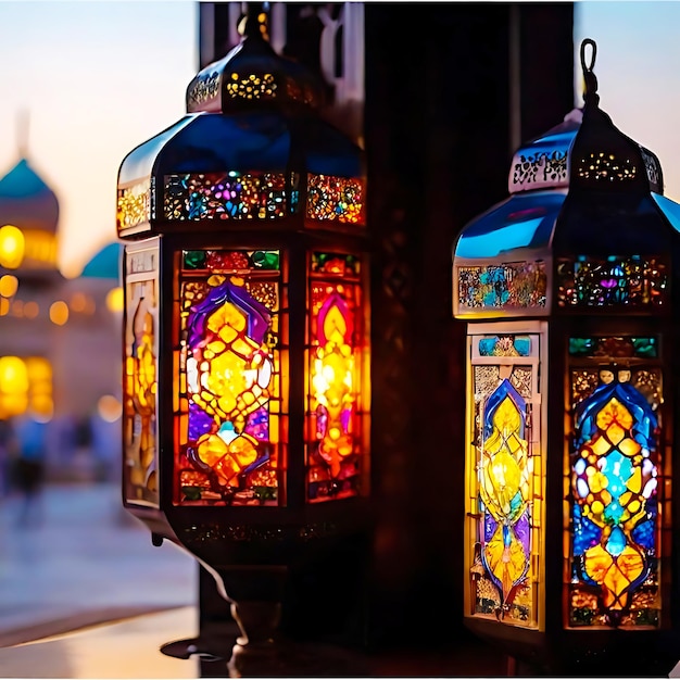 Ramadan Kareem Eid Mubarak lámpara de colores en la noche brillante generativa AI