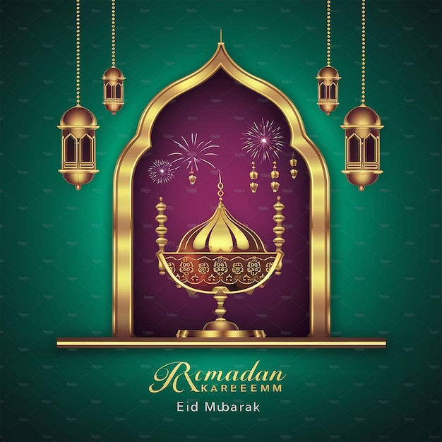Ramadán Kareem Eid Mubarak lámpara elegante real con mezquita puerta sagrada con fuegos artificiales