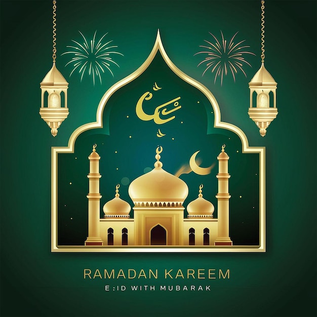 Ramadán Kareem Eid Mubarak lámpara elegante real con mezquita puerta sagrada con fuegos artificiales