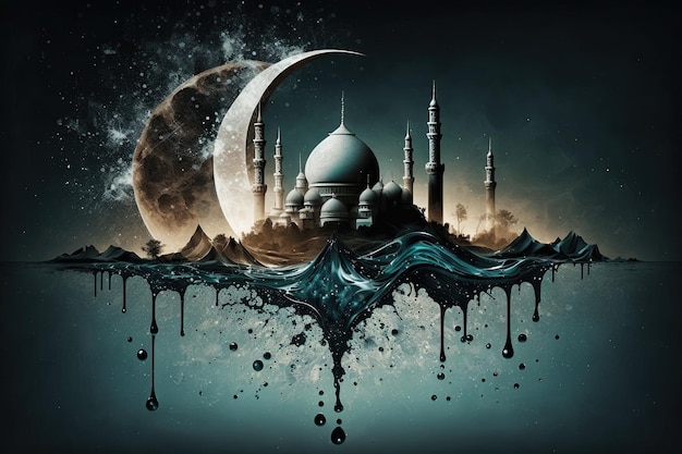 Ramadan Kareem y Eid Mubarak luna y mezquita como arte de salpicaduras de agua Celebración islámica árabe Ilustración abstracta ai generativo