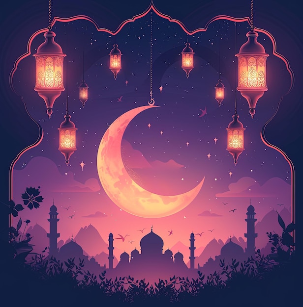 Ramadán kareem y Eid Mubarak plantilla de banner de redes sociales con media luna y linternas islámicas