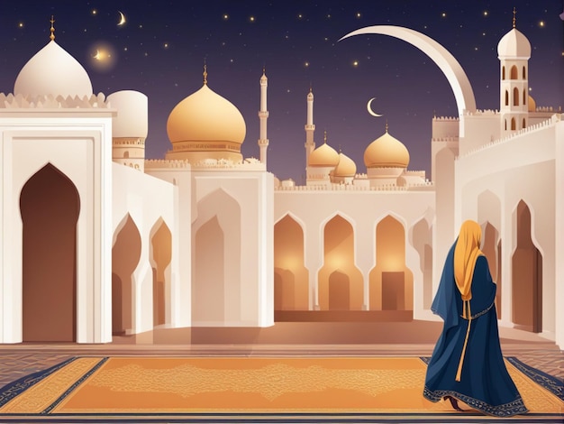 Ramadan Kareem Eid Mubarak Vector ilustração bonita de uma cidade muçulmana com uma mesquita e um crescente
