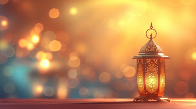 Ramadan Kareem Eine goldene Laterne, die Eleganz gegen einen zarten Bokeh-Licht-Hintergrund ausstrahlt