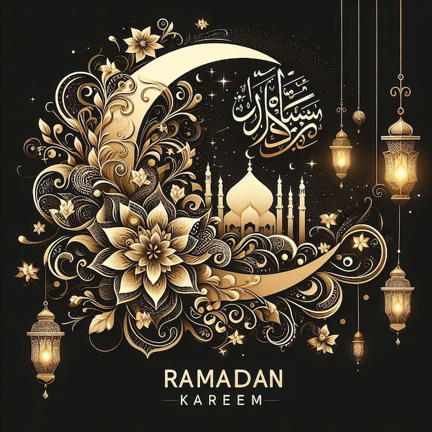 Ramadan Kareem em elegante caligrafia árabe com elementos de arte islâmica tradicional