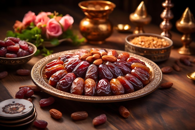 Ramadan Kareem Essen und Dekoration auf einem Holztisch gegen dunklen Hintergrund