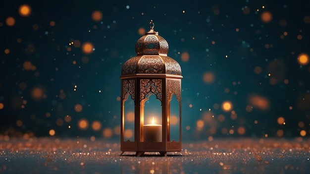 Ramadán kareem con farol árabe ornamental quemando velas brillantes y espacio en blanco en el lado izquierdo IA generativa