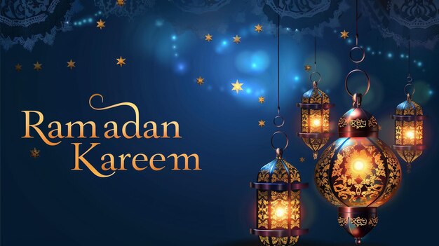 Ramadan Kareem-Feier mit hängenden Laternen und Mondvektor-Illustration