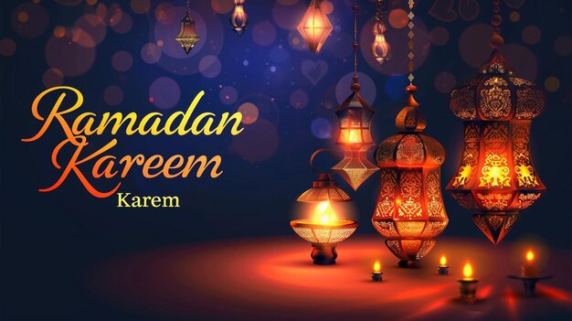 Ramadan Kareem-Feier mit hängenden Laternen und Mondvektor-Illustration