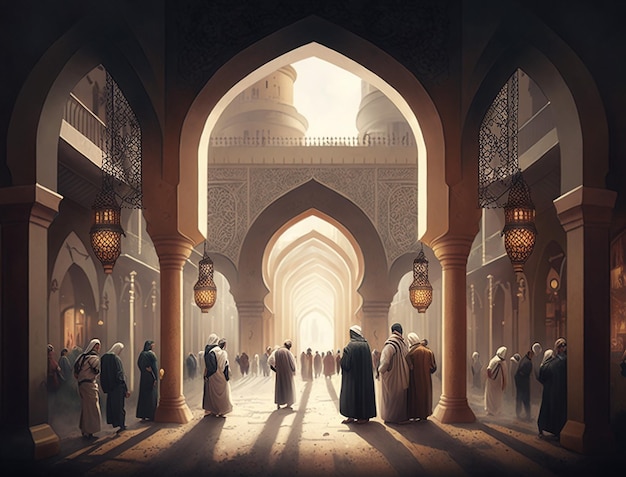 Ramadan Kareem-Feier mit Menschenmassen, die sich in der Moschee durch generative KI-Technologie versammeln