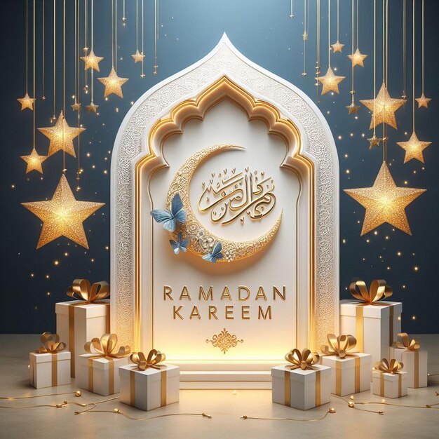 Ramadan Kareem flotando estrellas doradas y las cajas de regalos en la base generada por la IA