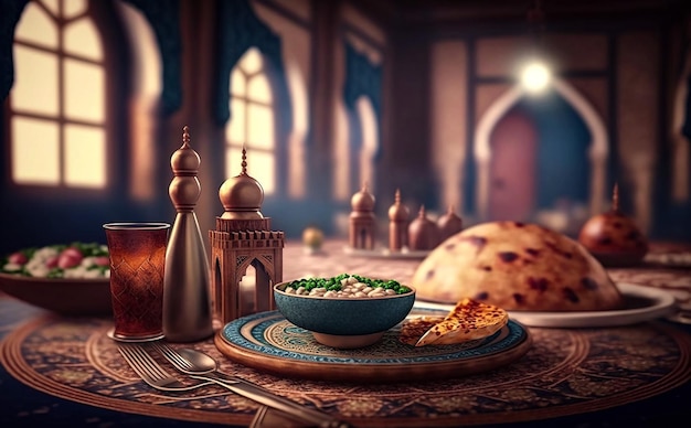 Ramadan Kareem fundo com comida na mesquita renderização 3d Ai generative
