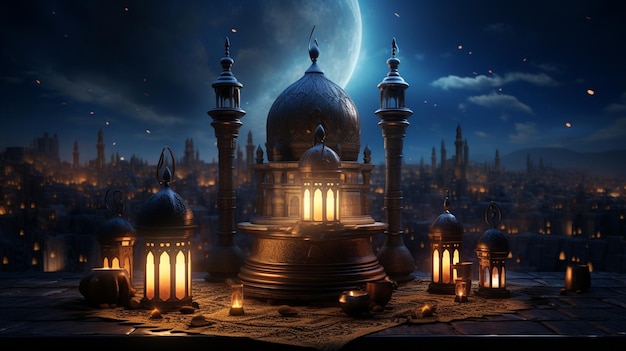 Ramadan Kareem fundo com mesquita e lua renderização 3d Gerar Ai