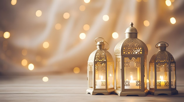 Ramadan Kareem fundo islâmico para copyspace eid mubarak lanternas árabes com luzes bokeh