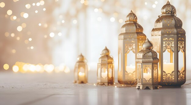 Ramadan Kareem fundo islâmico para copyspace eid mubarak lanternas árabes com luzes bokeh