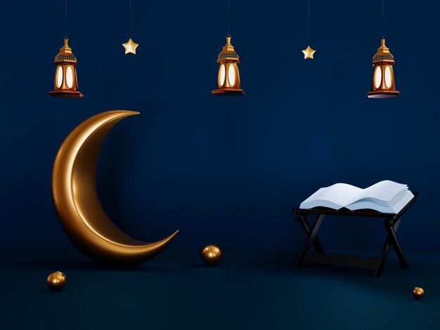 Ramadan Kareem goldenes Halbmondsymbol mit Sternen Islamische Laterne und Koranbuch für Muslime