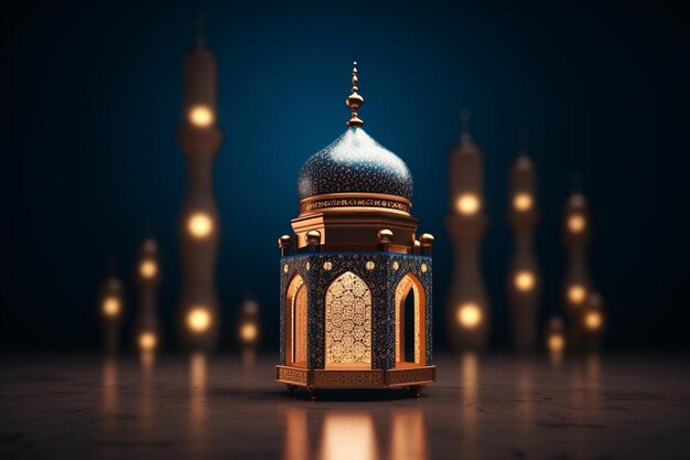 Ramadan Kareem Grüße Hintergrund mit d Moschee Podium Halbmond Laterne und islamischen Ornamenten