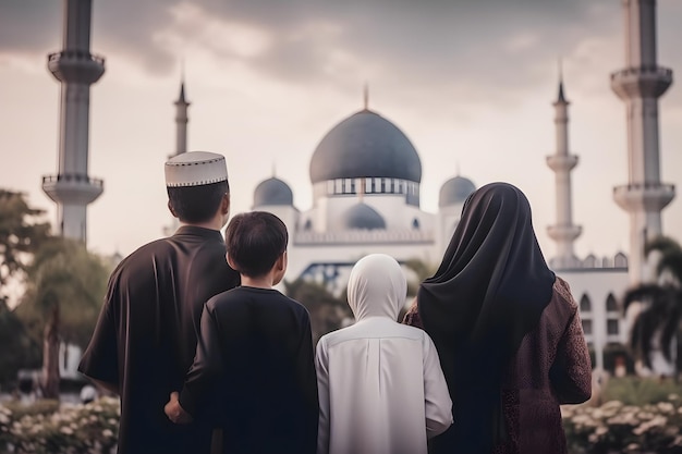 Ramadan Kareem-Grüße und Familienbindung Eine herzerwärmende Fotografie einer Familie, die eine Moschee besichtigt