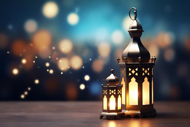 Ramadan-Kareem-Grüßkarte Ramadan-Lampe mit Datteln und brennender Kerze auf einem Holztisch