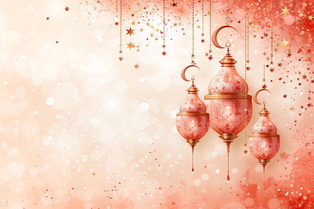 Ramadan Kareem Grüßplakat Design Pastell Rosa und Pfirsich Farben glitzer mit Mond und Sternen