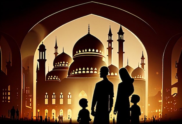 Ramadan Kareem grüßt die Familie, die die Moschee betrachtet. Erzeuge Ai