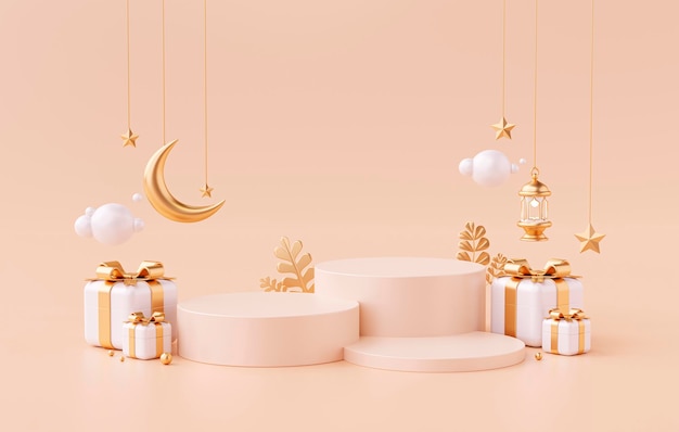 Ramadan Kareem-Grußgold-Luxus-Podium oder Podest-Produktdisplay-Hintergrund 3D-Rendering